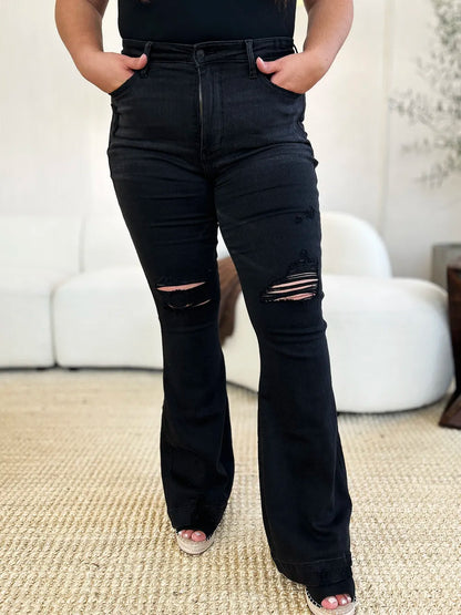 Black Judy Blue high waist distressed flare jeans with ripped details, full size, stylish and comfortable denim for women.