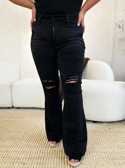 Black Judy Blue high waist distressed flare jeans, full size, with ripped details and a fitted waist.