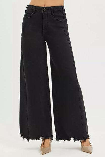 Black RISEN high-rise palazzo jeans with tummy control, frayed hem, and wide leg style from Trendsi.
