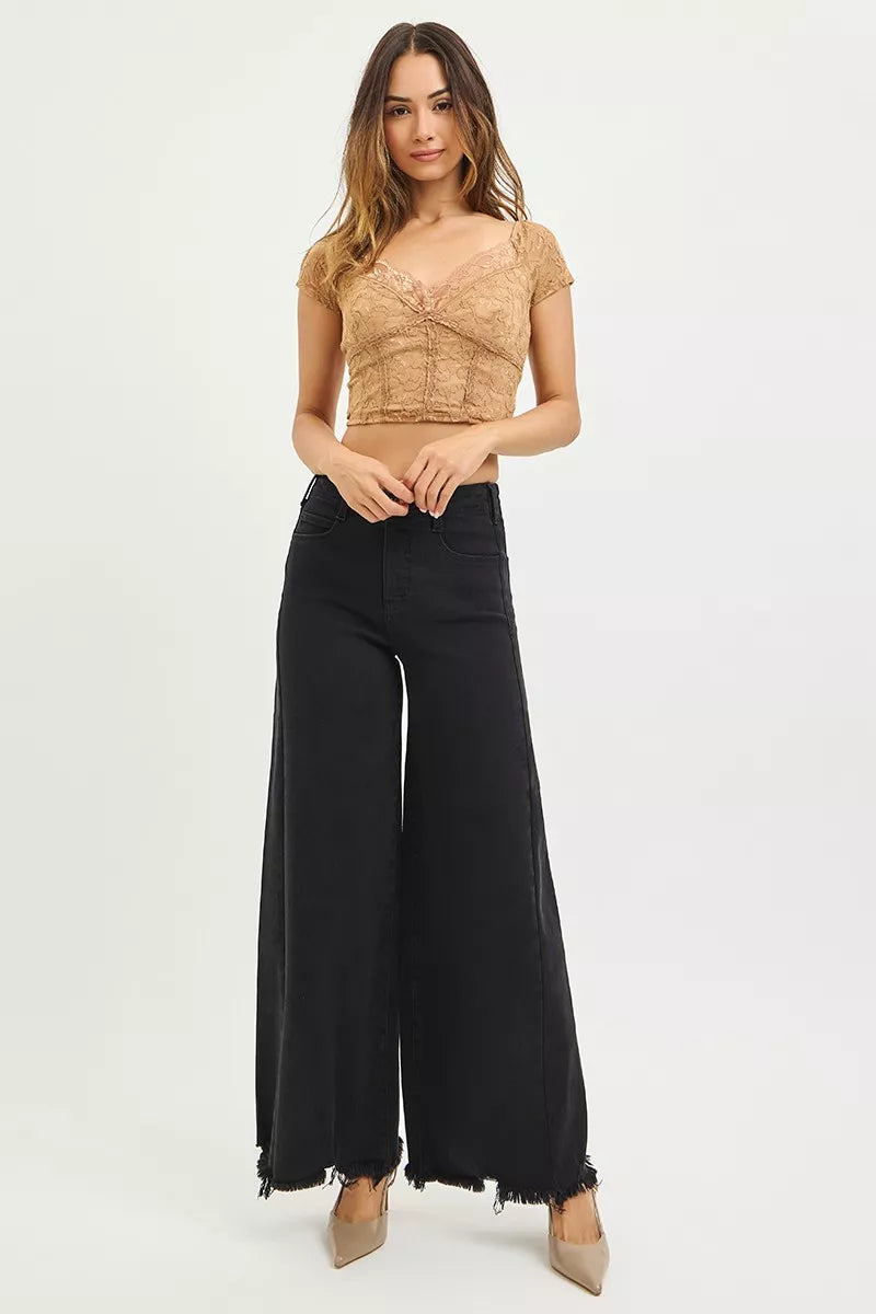 Black Risen Tummy Control High Rise Palazzo Leg Jeans with frayed hem, stylish and comfortable women's denim from Trendsi.
