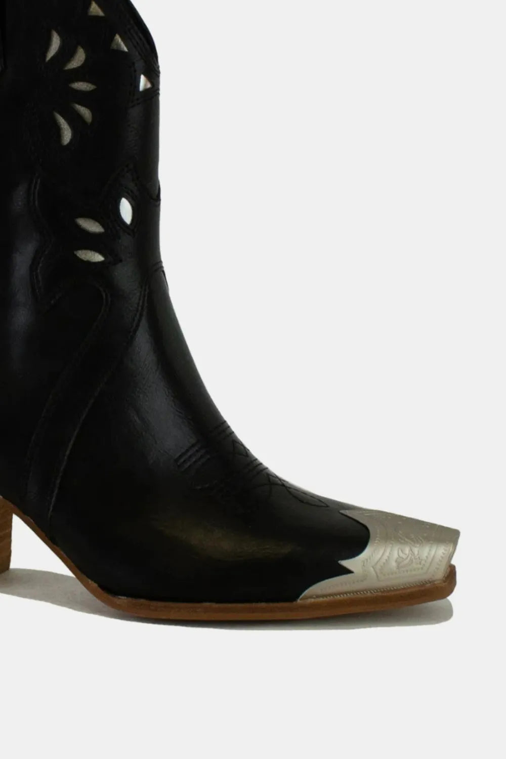 Black Beast Fashion cut-out floral embroidery boots with detailed stitching and stylish design, perfect for trendy footwear.