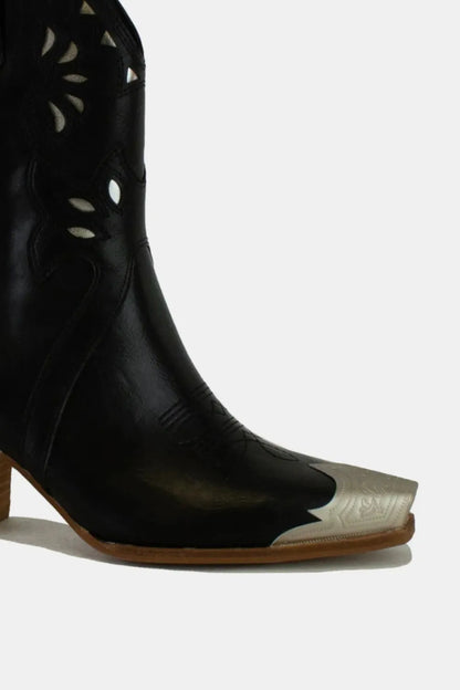 Black Beast Fashion cut-out floral embroidery boots with detailed stitching and stylish design, perfect for trendy footwear.