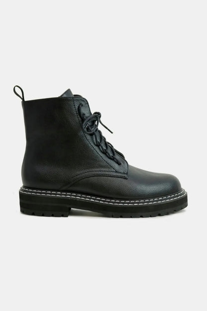 Black faux leather lace-up boots with side zipper from Beast Fashion by Trendsi, featuring a stylish and durable design.