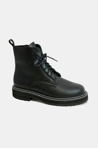 Black Faux Leather Lace-Up Boots with Side Zipper from Beast Fashion by Trendsi, showcasing stylish ankle-high design and zipper detail.