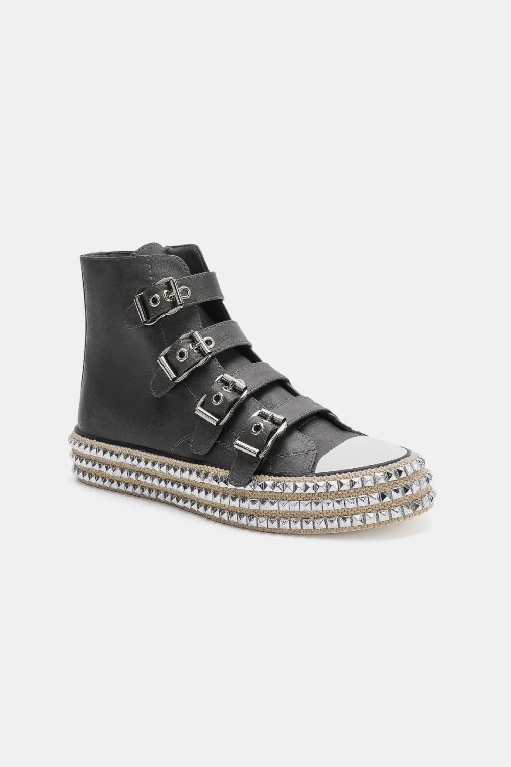 Black Beast Fashion platform sneakers with multiple buckles and studded straps, trendy and chunky for a bold street style look.