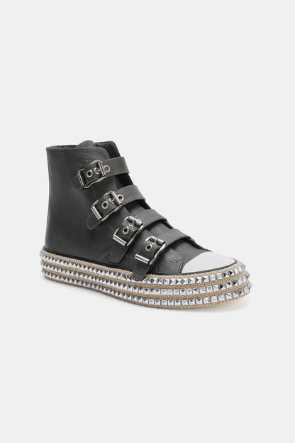 Black Beast Fashion platform sneakers with multiple buckles and studded straps, trendy and chunky for a bold street style look.