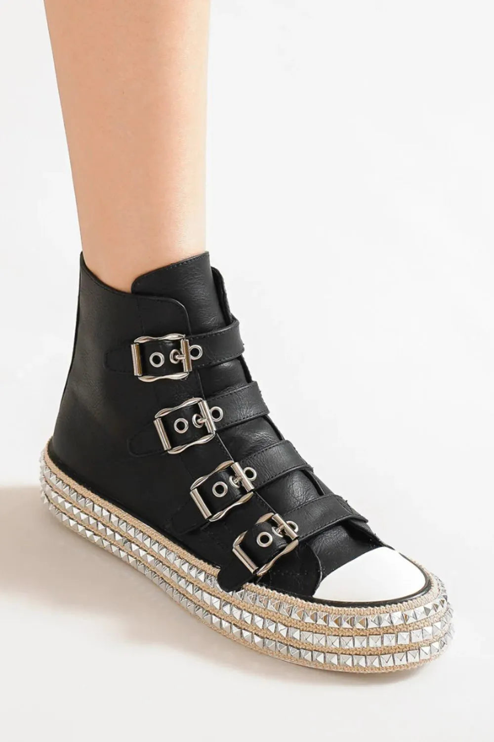 Black Beast Fashion platform sneakers with multibuckle straps and studded details, featuring a bold, edgy design.