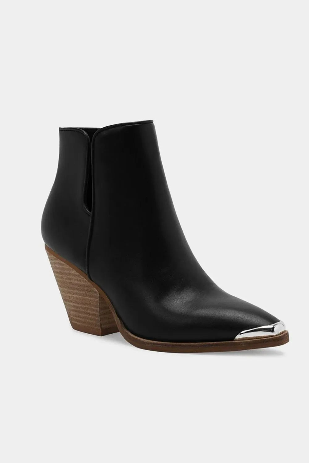 Black Trendsi Beast Fashion pointed metal-tip toe block heel ankle boots, stylish and modern footwear with a sleek design.