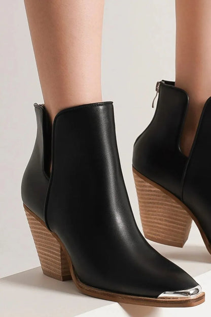 Black Trendsi Beast Fashion pointed metal-tip toe block heel ankle boots, stylish and modern footwear with a sleek design.