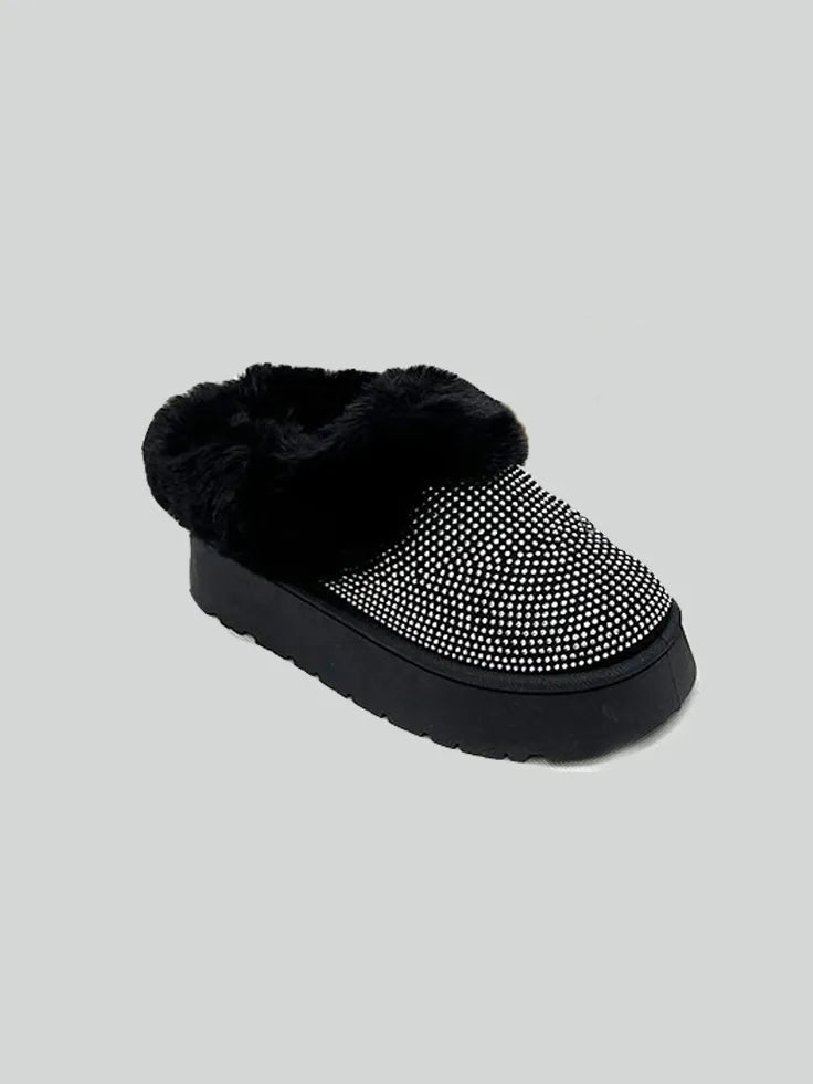 Black WILD DIVA embellished faux fur platform booties with chunky heels, stylish and eye-catching for fashionable outfits.
