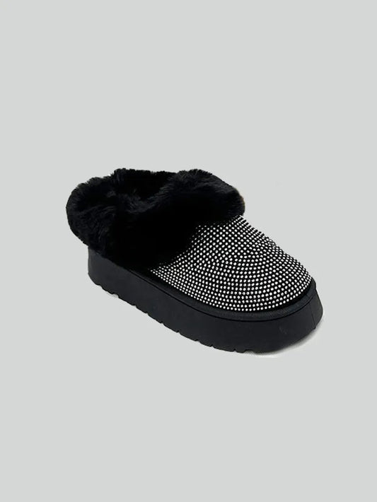 Black WILD DIVA embellished faux fur platform booties with chunky heels, stylish and eye-catching for fashionable outfits.