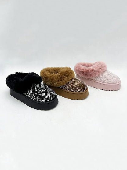 Black Wild Diva embellished faux fur platform booties with chunky soles and decorative details, stylish and trendy footwear.