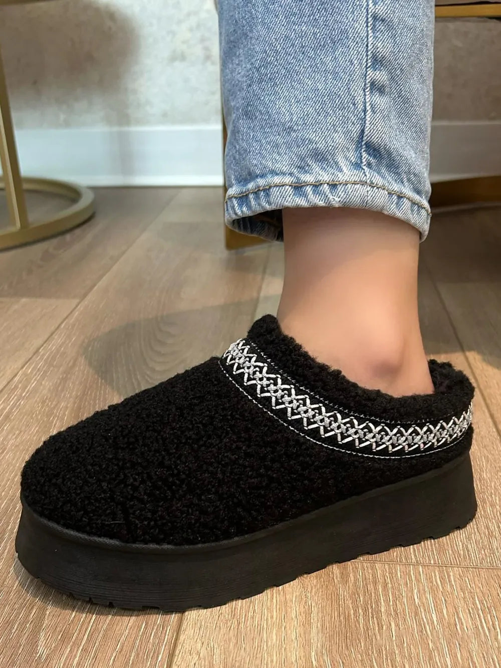 Black WILD DIVA embroidered trim platform sherpa boots with cozy lining and chunky sole, stylish and warm for winter wear.