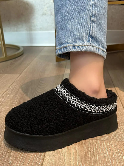 Black WILD DIVA embroidered trim platform sherpa boots with cozy lining and chunky sole, stylish and warm for winter wear.