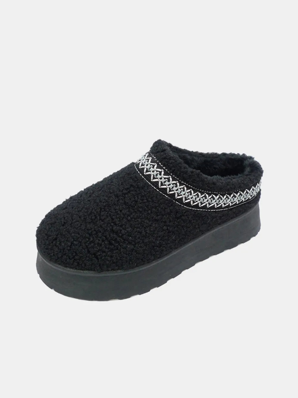 Black Wild Diva embroidered trim platform Sherpa boots with cozy lining and chunky soles, stylish and comfortable footwear.