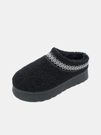 Black Wild Diva embroidered trim platform Sherpa boots with cozy lining and chunky soles, stylish and comfortable footwear.