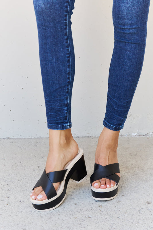 Black Weeboo Cherish The Moments contrast platform sandals with thick soles and strap details, designed for trendy casual wear.