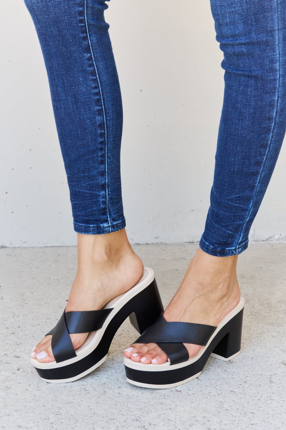 Black Weeboo Cherish the Moments contrast platform sandals with chunky sole and strappy design, from Trendsi.