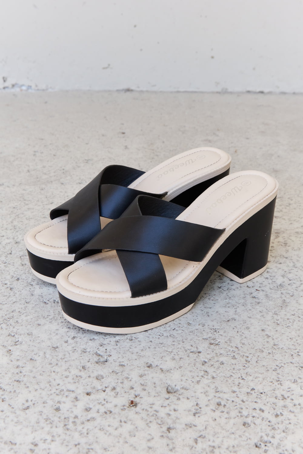 Black Weeboo Cherish The Moments contrast platform sandals with chunky sole and adjustable straps, designed by Trendsi.