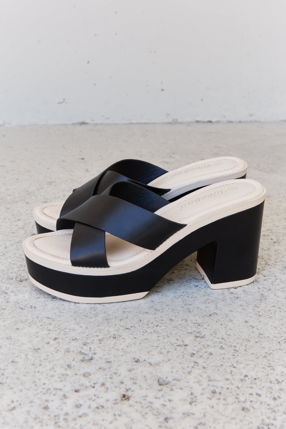 Black Weeboo Cherish The Moments contrast platform sandals with chunky sole and ankle straps, stylish and comfortable for summer wear.