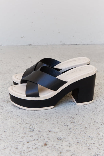 Black Weeboo Cherish The Moments contrast platform sandals with chunky sole and ankle straps, stylish and comfortable for summer wear.