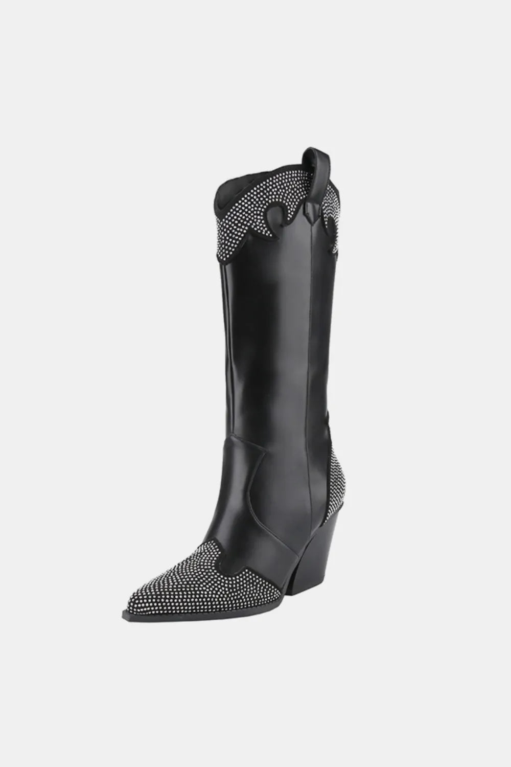 Black Weeboo Western boots with chunky heel and rhinestone decor, stylish trendy cowboy footwear.