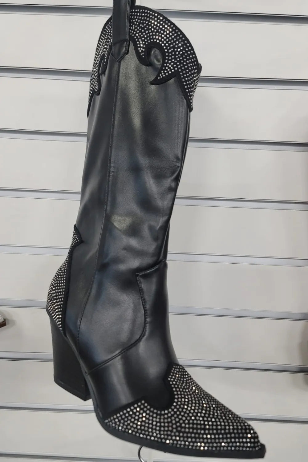 Black Weeboo Western boots with chunky heels and rhinestone decor, stylish Trendsi footwear for a bold western look.