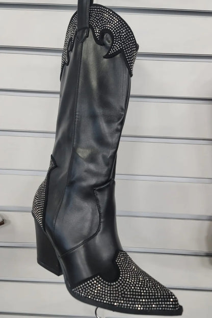 Black Weeboo Western boots with chunky heels and rhinestone decor, stylish Trendsi footwear for a bold western look.