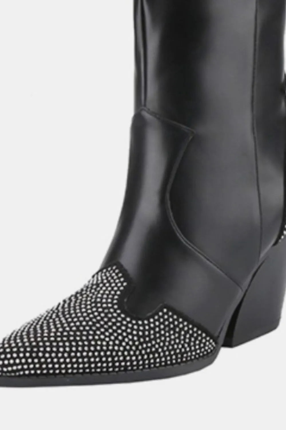 Black Weeboo Western boots with chunky heels and rhinestone decoration, featuring pointed toe and western-inspired design.