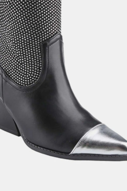 Black Weeboo Western cowboy boots with chunky heels and rhinestone embellishments, stylish trendy footwear by Trendsi.