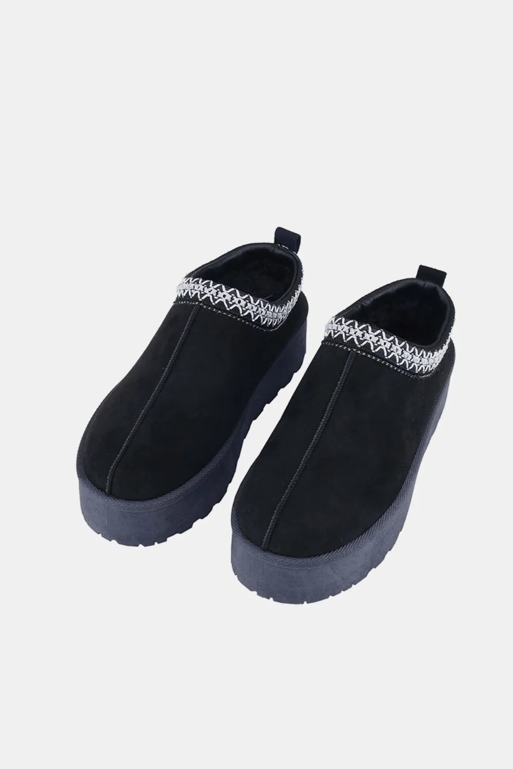 Black Weeboo platform slip-on boots with embroidered trim, stylish and comfortable footwear by Trendsi.