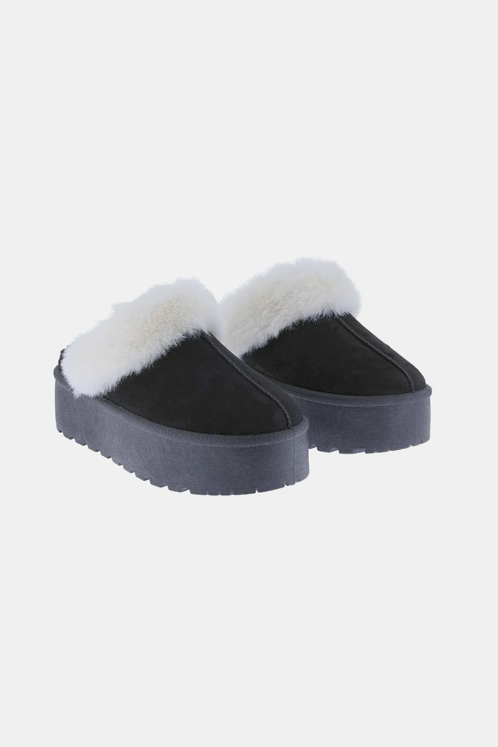 Black Weeboo snow slippers with thick soles and fur trim, designed for warmth and comfort in winter weather.