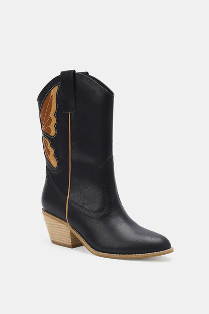 Black butterfly cut detail point toe boots by Beast Fashion featuring sleek design and stylish silhouette.