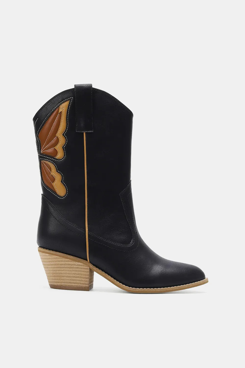 Black butterfly cut detail point toe boots by Beast Fashion, featuring sleek design and stylish silhouette for trendy footwear.
