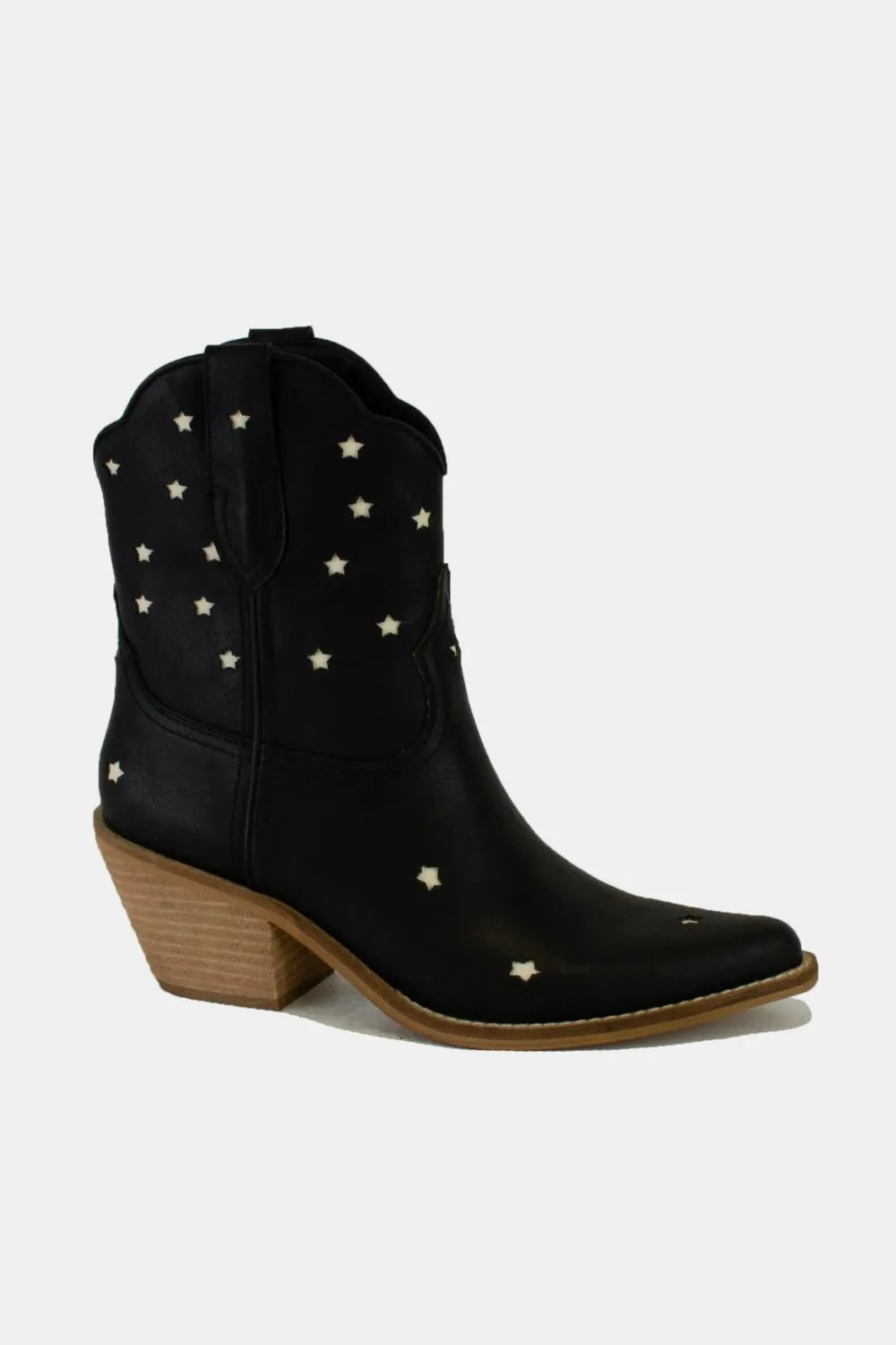 Black faux leather star-shaped cutout point toe boots by Trendsi featuring a stylish design and star accents.