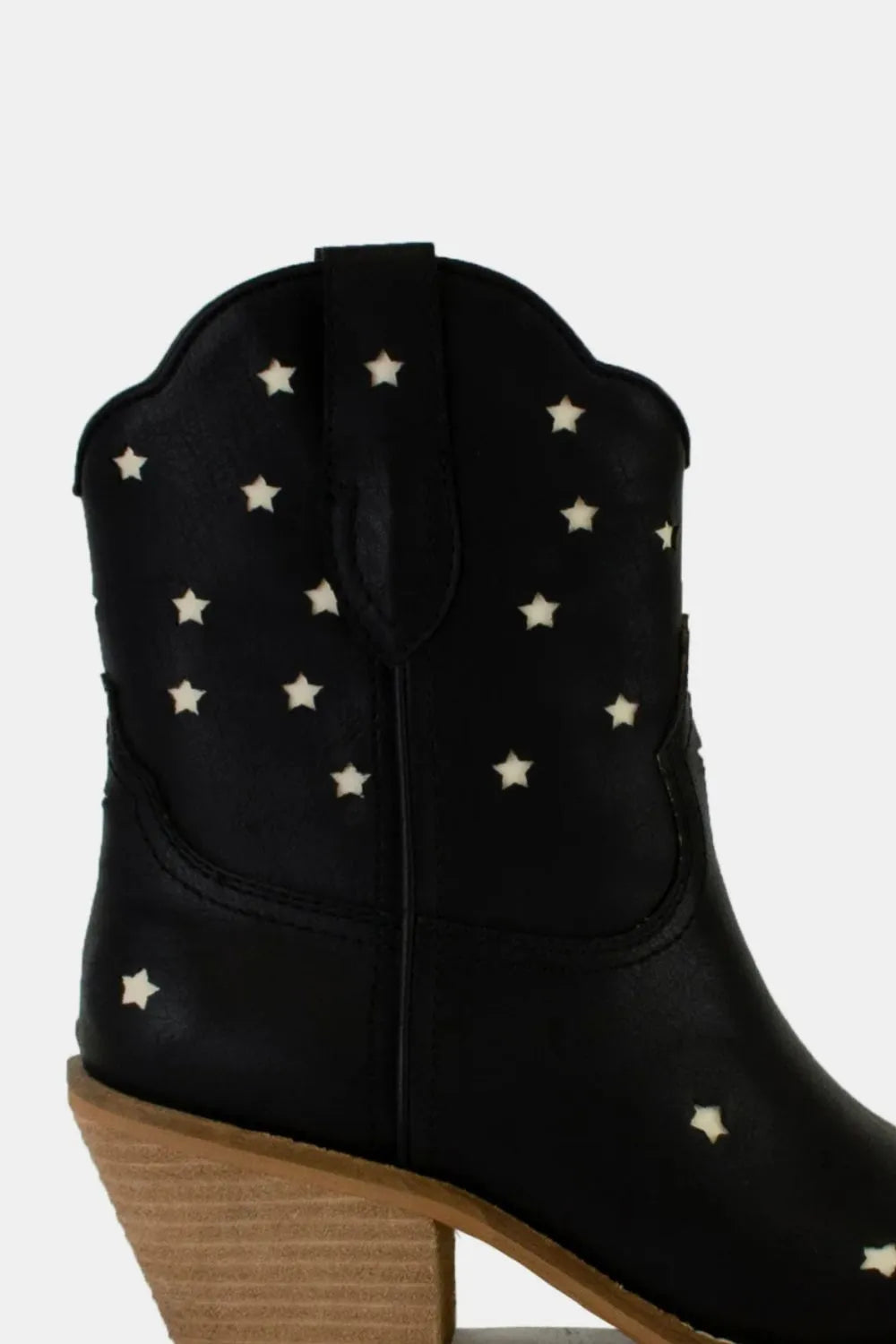 Black Trendsi faux leather star-shaped cutout point toe boots with stylish design and pointed toe shape.