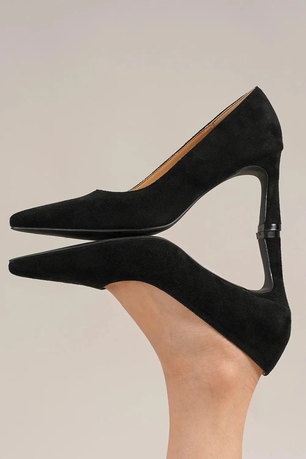 Black faux suede point toe pumps by Beast Fashion, stylish women's dress shoes with a sleek design and comfortable fit.