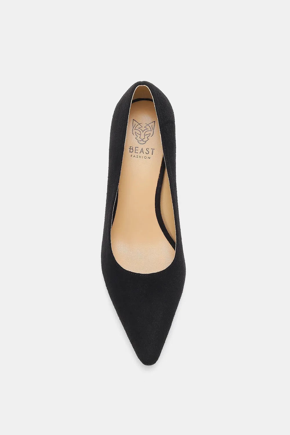 Black faux suede point toe pumps by Beast Fashion featuring a sleek design and classic silhouette.
