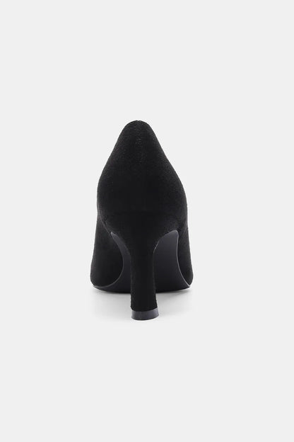 Black faux suede point toe pumps by Beast Fashion, stylish women's shoes featuring a sleek design and comfortable heel.
