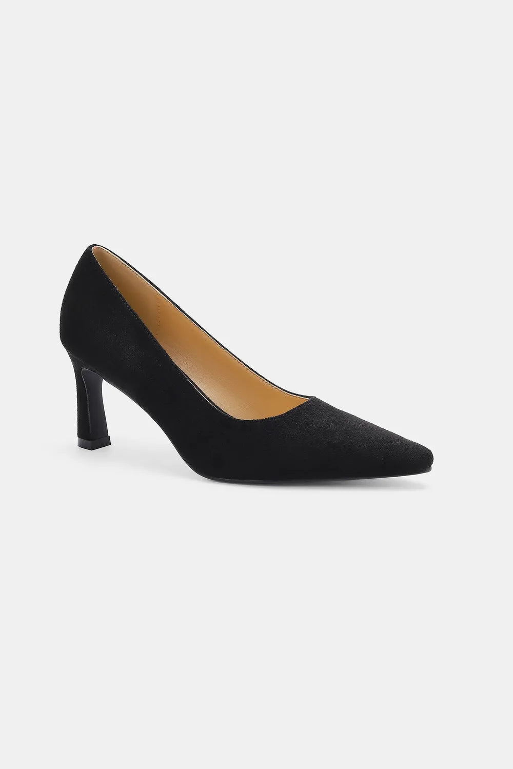 Black faux suede point toe pumps by Beast Fashion, stylish women's shoes with a sleek design and low heel.