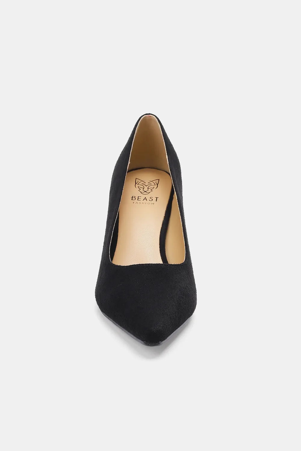 Black faux suede point toe pumps by Beast Fashion featuring a sleek design and modest heel height.