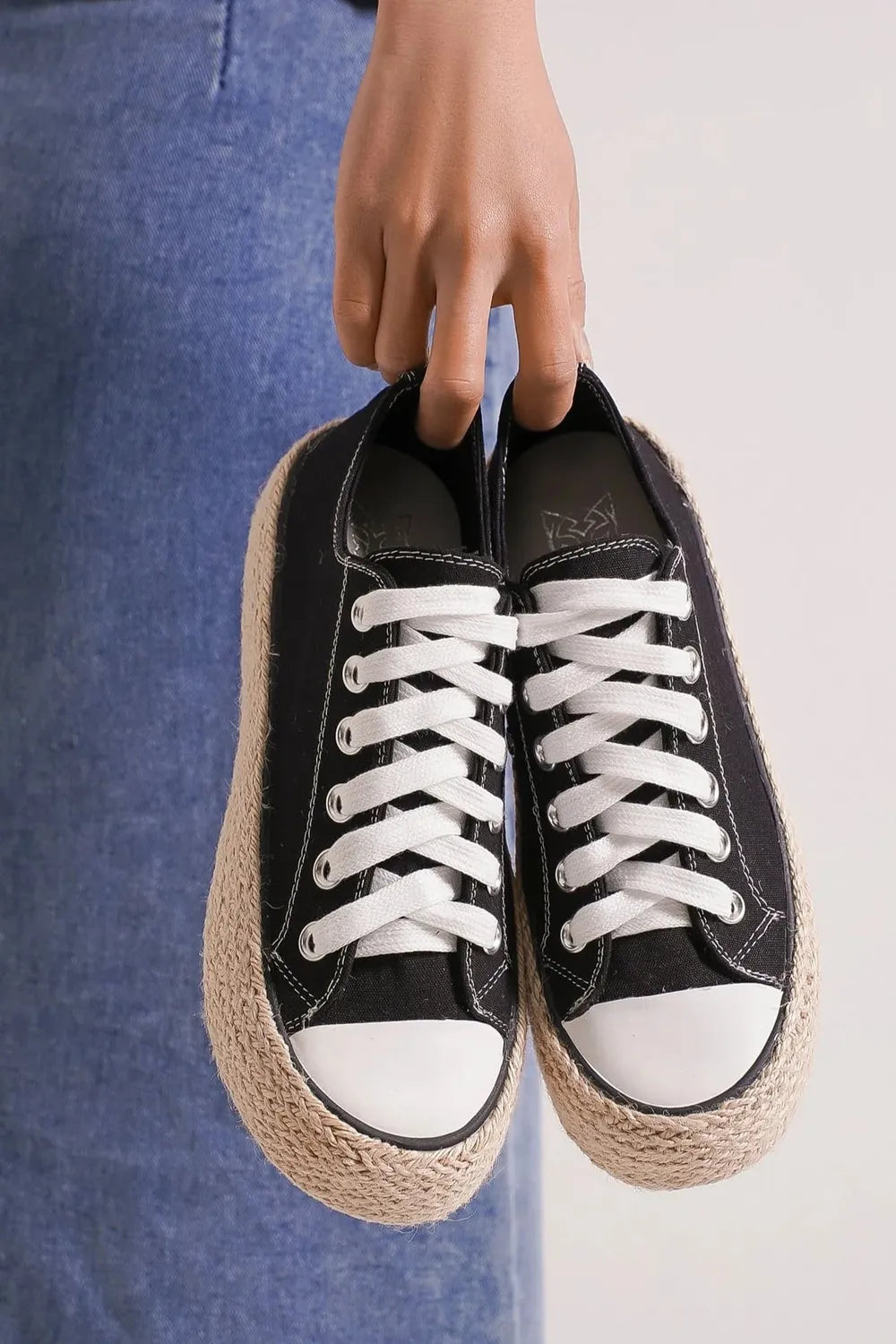 Black Beast Fashion lace-up woven espadrille sole sneakers with stylish design and comfortable fit from Trendsi.