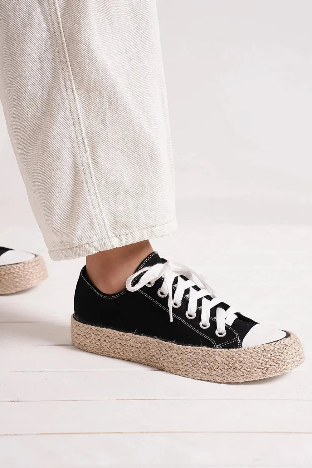 Black Beast Fashion lace-up woven espadrille sole sneakers with stylish woven detail and comfortable sneaker design.