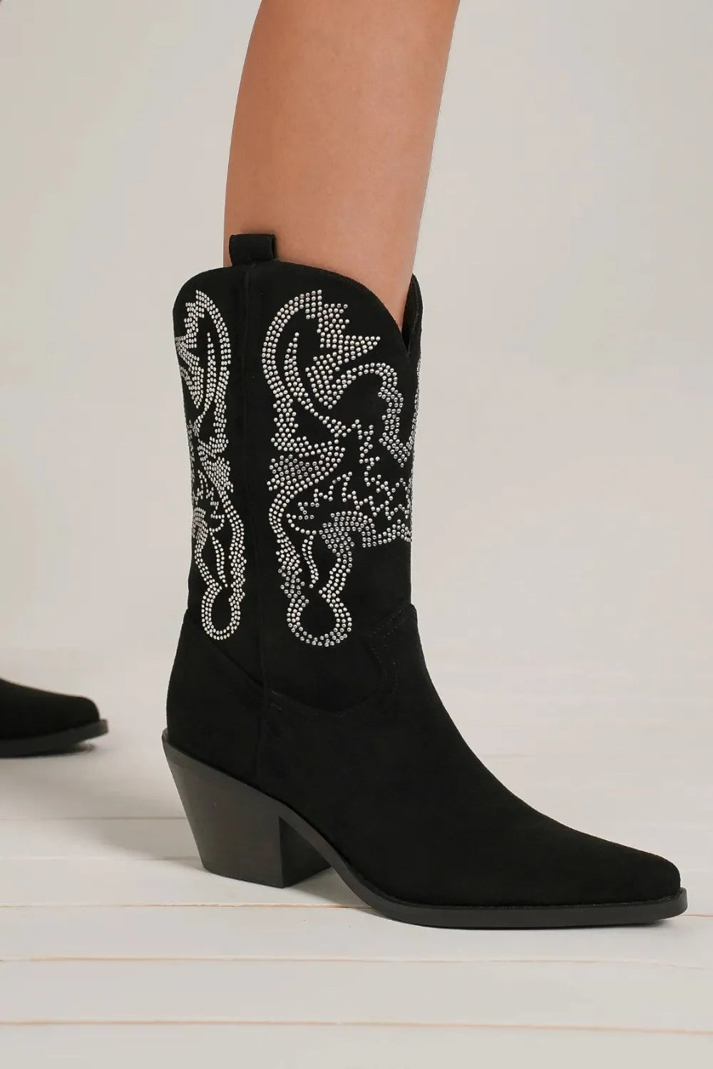 Black Rhinestone Detail Point Toe Boots by Beast Fashion featuring sparkling rhinestones and sleek design.