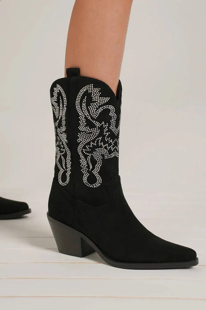 Black Rhinestone Detail Point Toe Boots by Beast Fashion featuring sparkling rhinestones and sleek design.