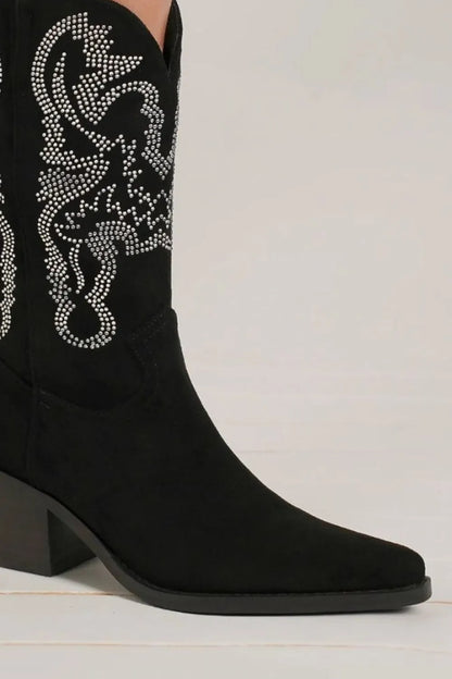 Black Beast Fashion rhinestone detail point toe boots with sleek design and stylish embellishments.