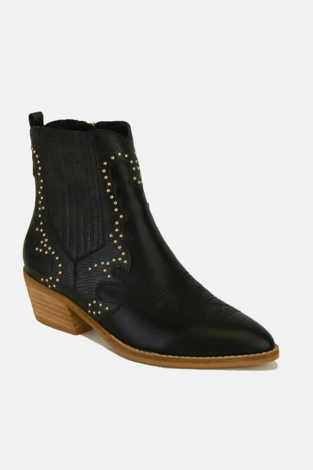 Black Beast Fashion studded detail point toe boots with chunky heels and silver hardware, showcasing edgy style and craftsmanship.