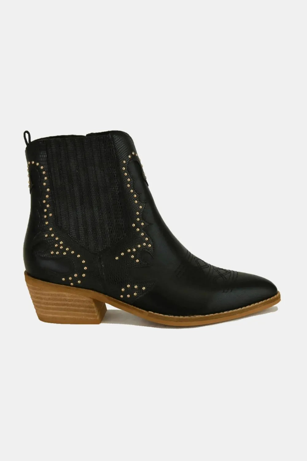 Black Beast Fashion studded detail point toe boots with buckle accents, stylish and edgy footwear from Trendsi.