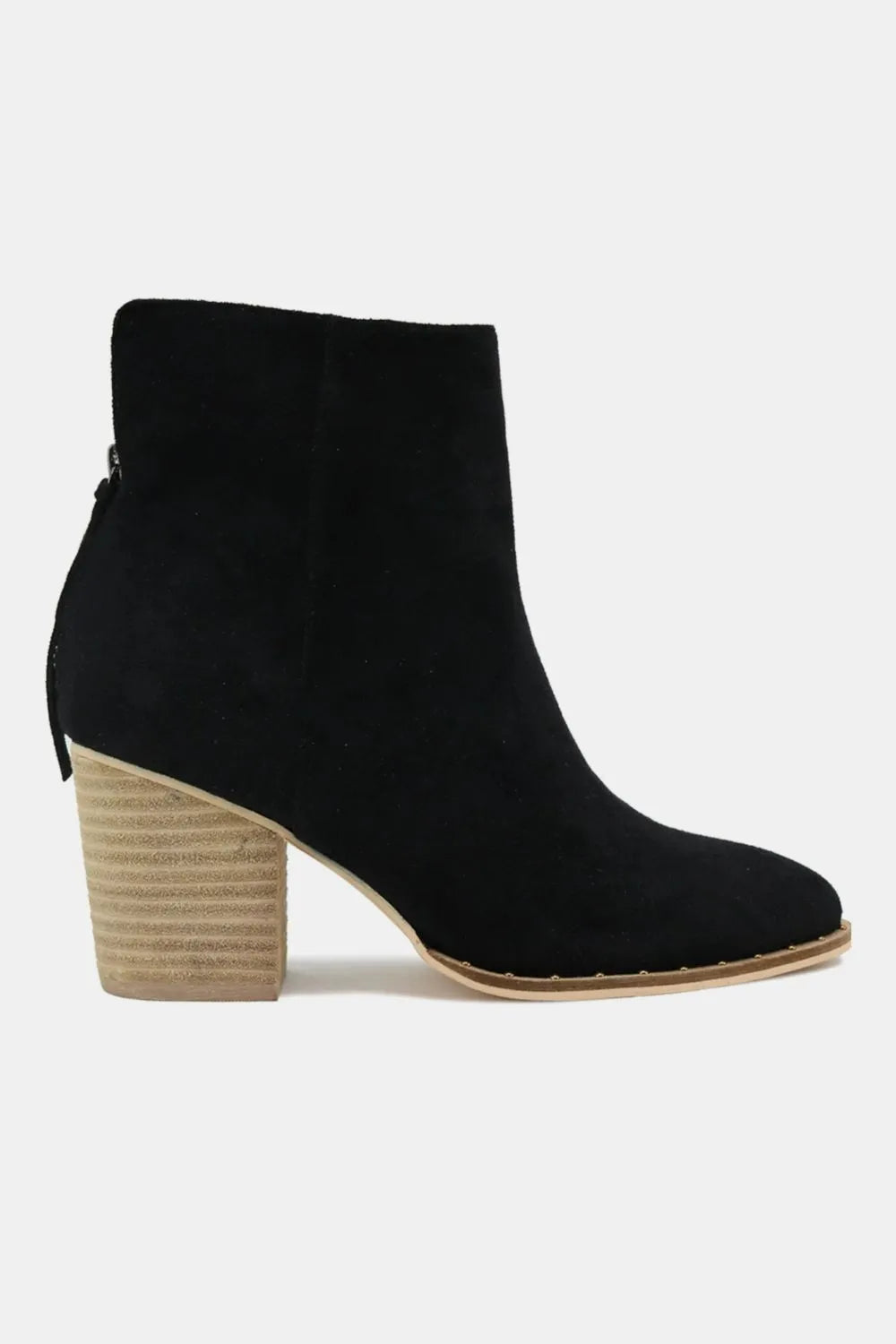 Black Beast Fashion suede point toe ankle booties with a sleek design and low heel, perfect for stylish casual wear.