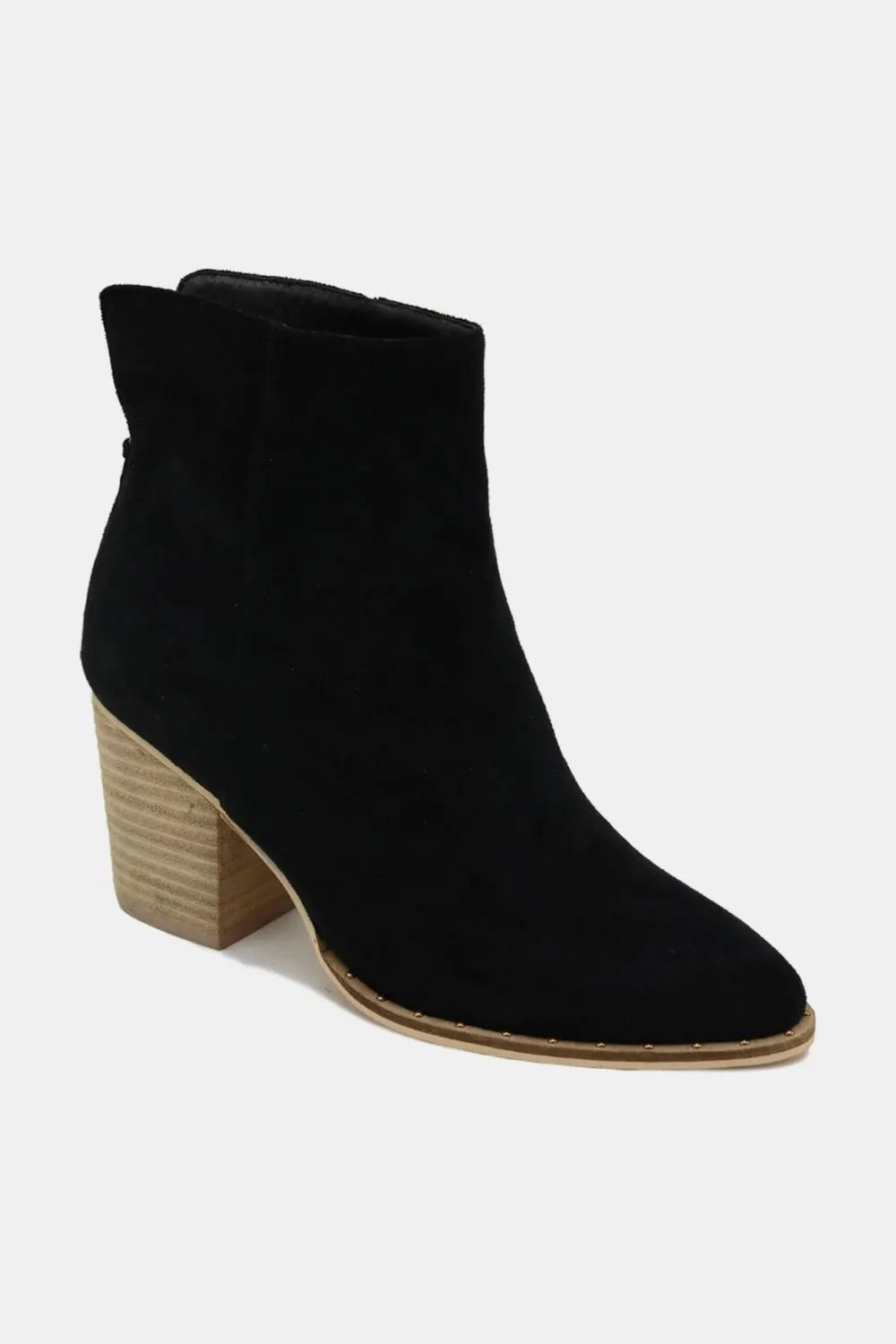 Black Beast Fashion suede point toe ankle booties with block heels, stylish and versatile for everyday wear.